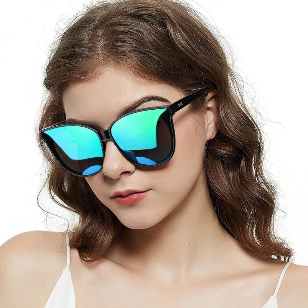 Women's A09 Black Frame Green Mirrored Lens Stylish Cat Eyes Sunglasses